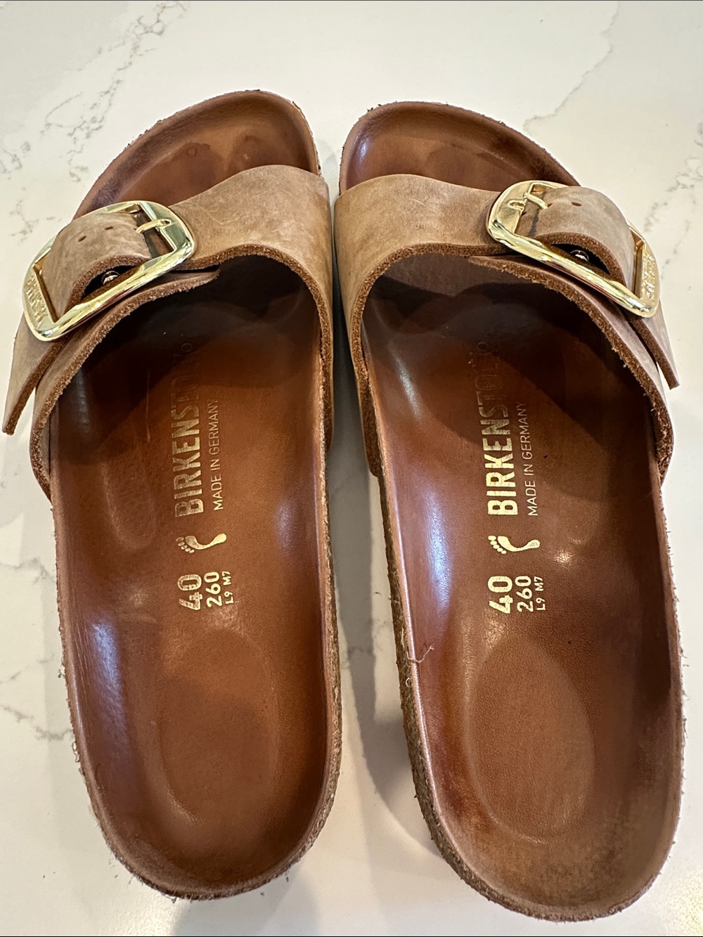 Birkenstock Madrid Big Buckle Cognac Gold Slide Sandals Leather 40 Narrow - Picture 8 of 10